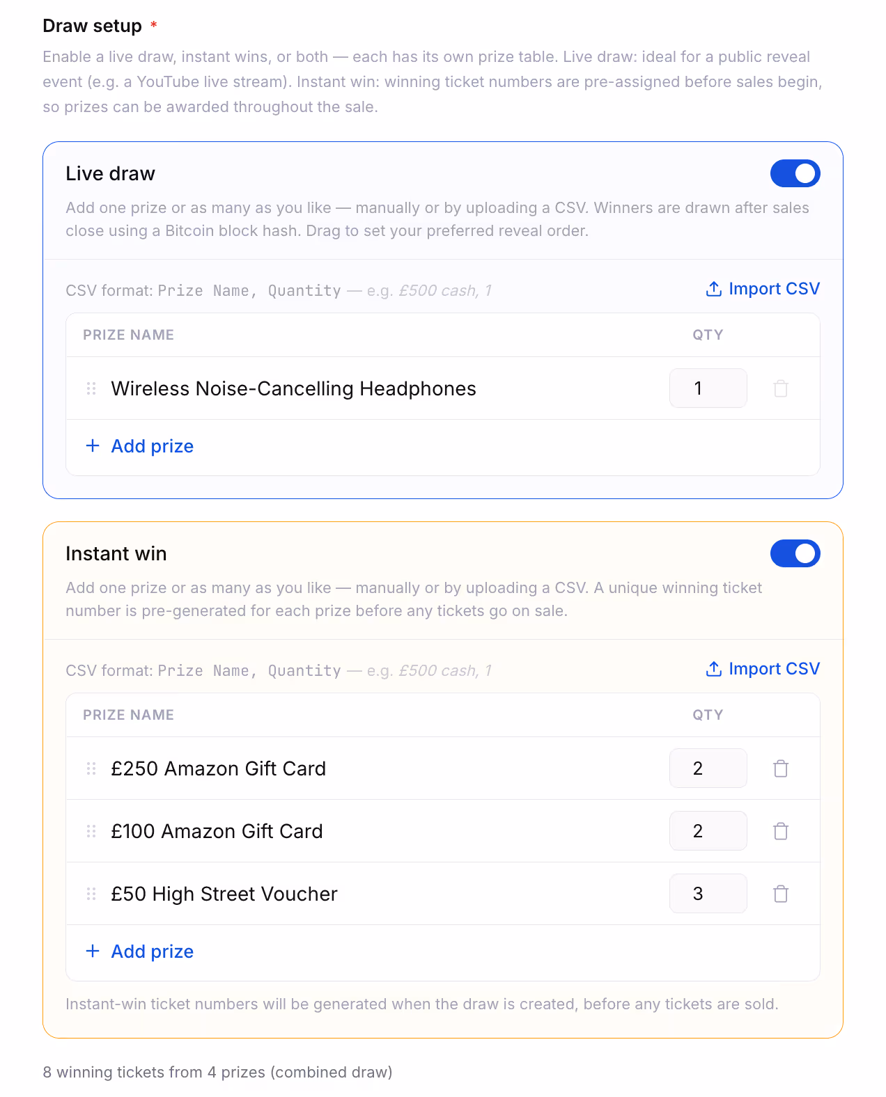 VeriDraw draw type selection showing single-winner, multi-winner, and instant win options