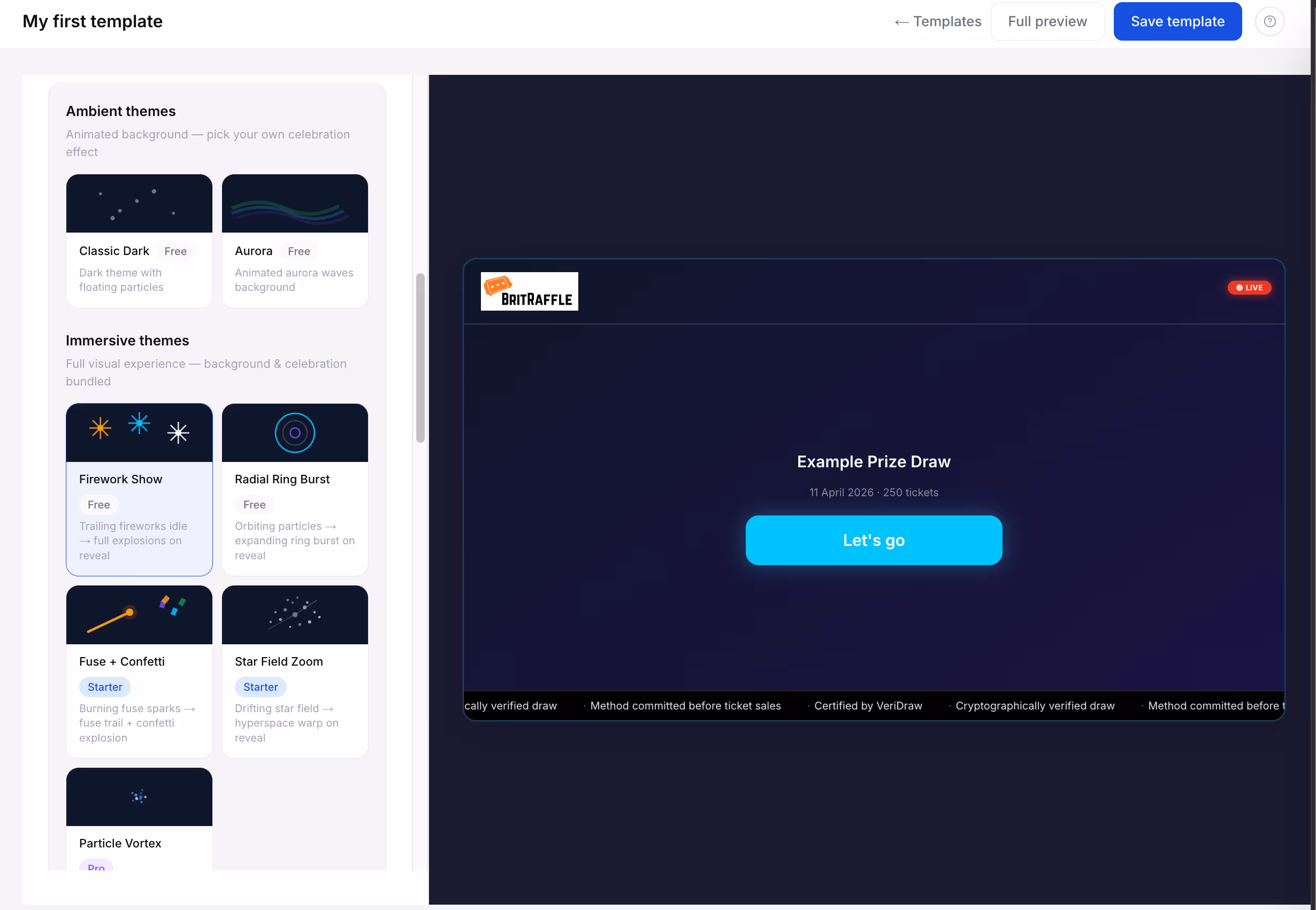 VeriDraw template builder showing live draw reveal animation templates