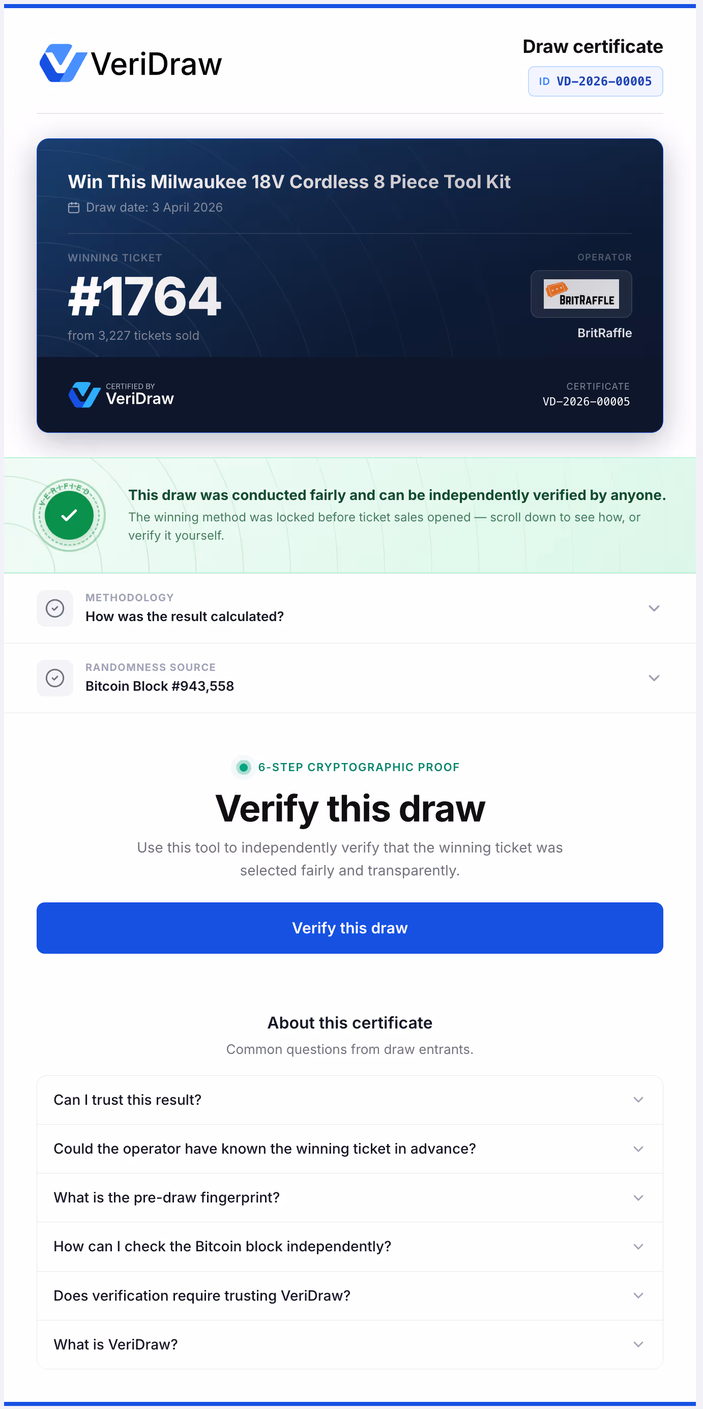 VeriDraw cryptographic draw certificate with verification widget