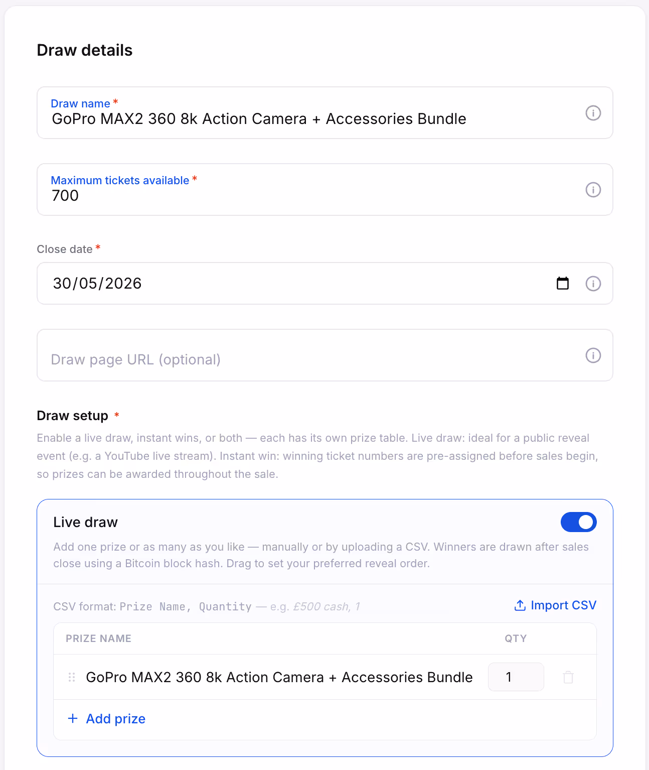 VeriDraw draw creation form with commitment hash generation