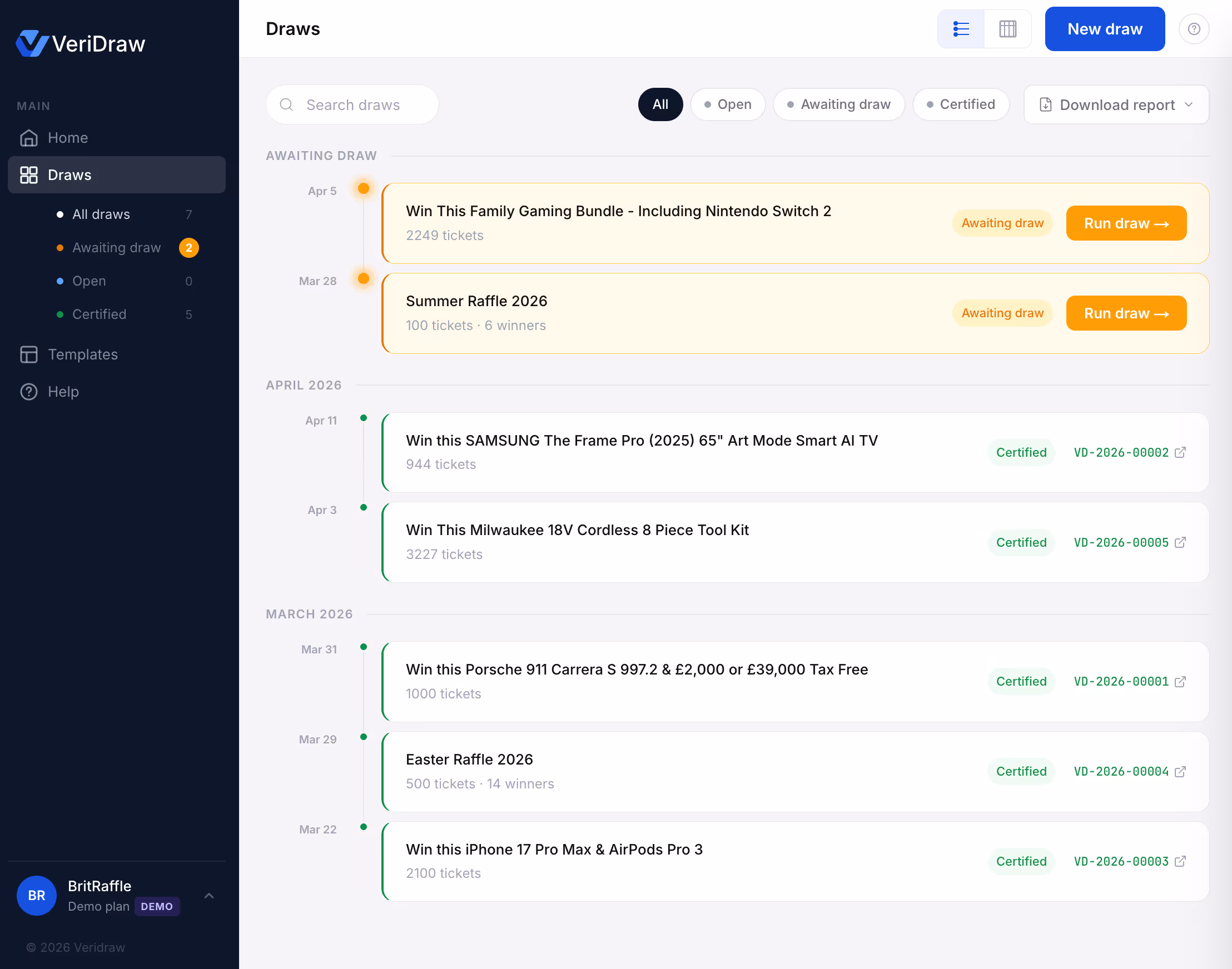 VeriDraw draw dashboard showing upcoming, live, and completed draws