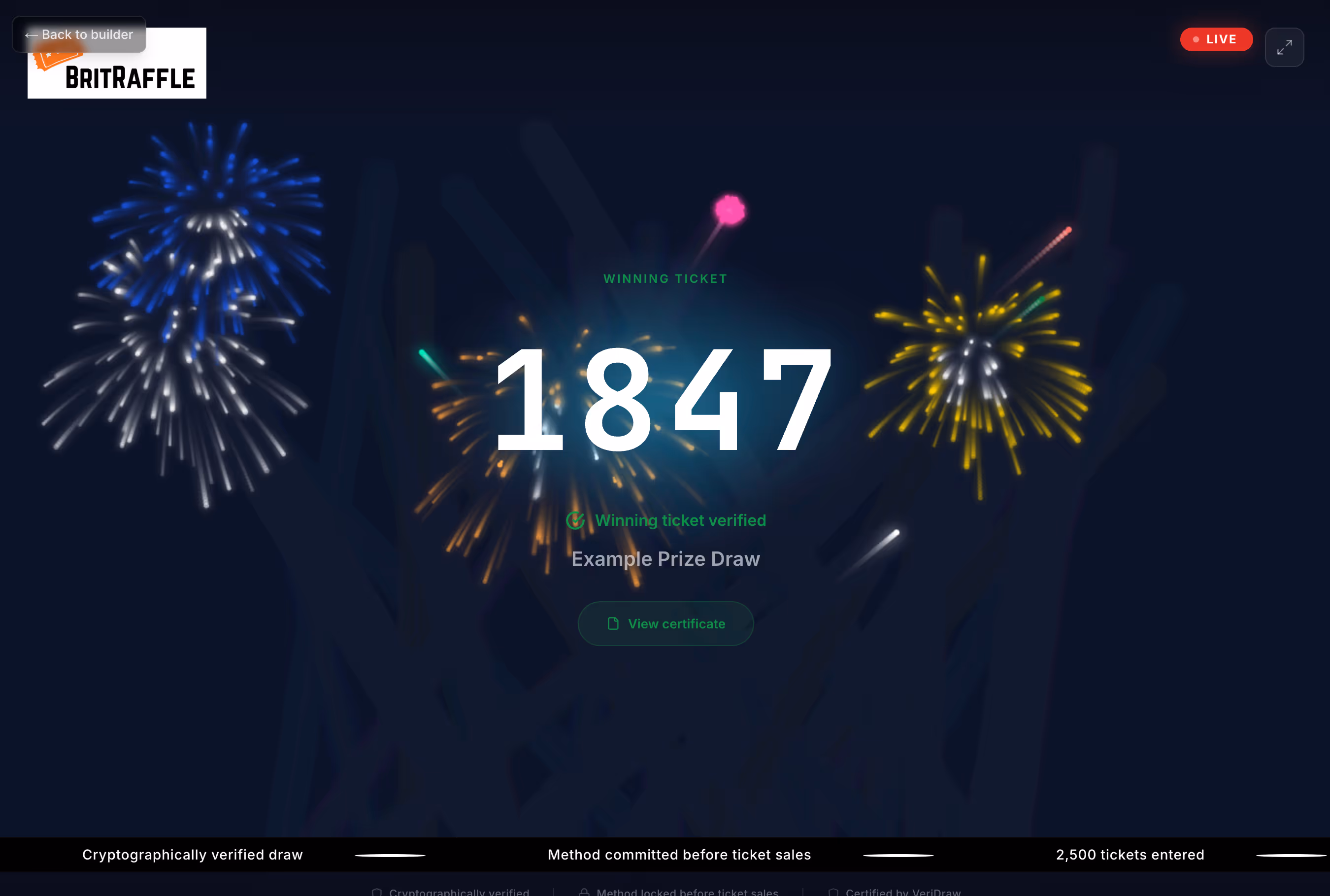 VeriDraw live draw reveal showing winning number with fireworks animation