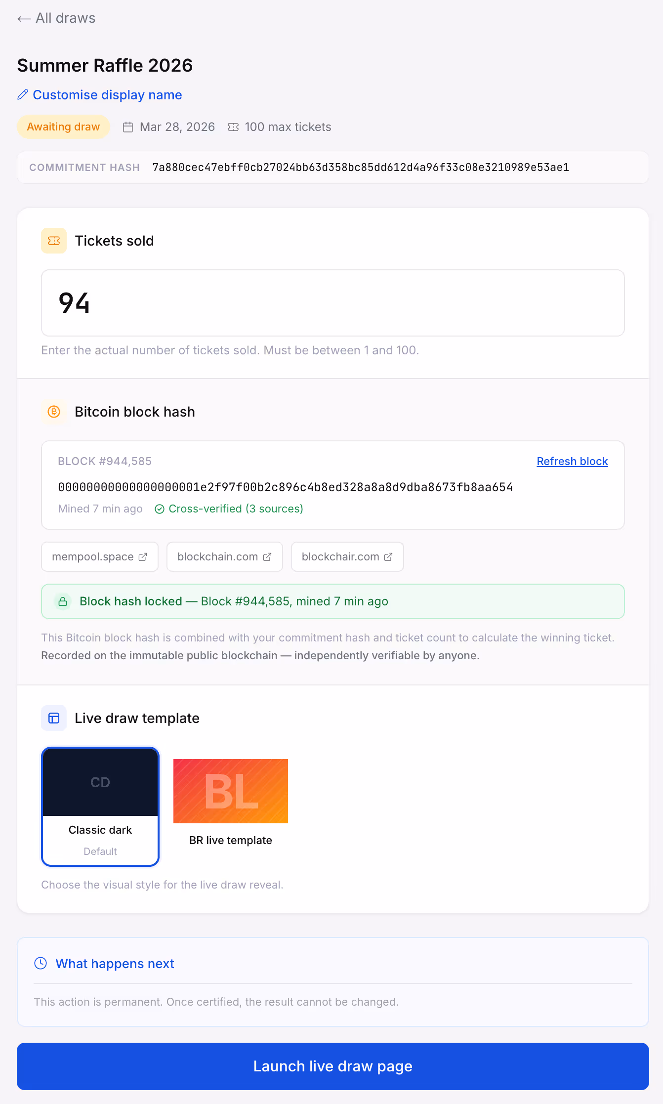VeriDraw run draw page showing Bitcoin block hash fetching and winning ticket calculation