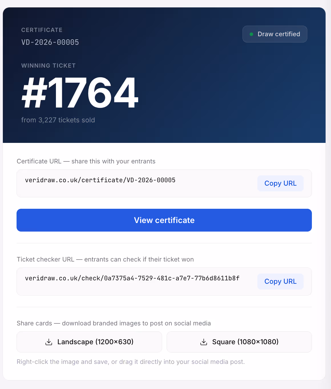 VeriDraw certificate page with share options and verification widget